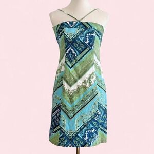 Y2K Robin Jordan Blue & Green Paisley Print Mini Dress Size 2